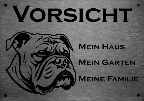 Edelstahl Hundeschild Bulldogge VORSICHT Mein Haus mein Garten meine Familie